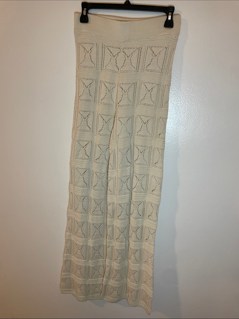 Cream Crochet Knit Wide Leg Pants